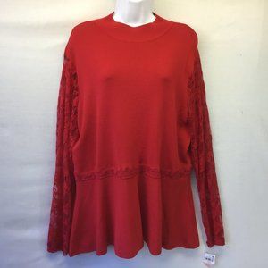 INC Real Red Peplum Tunic Top Lacey Long Sleeve Mock Neck Popover Tunic NWT 2X